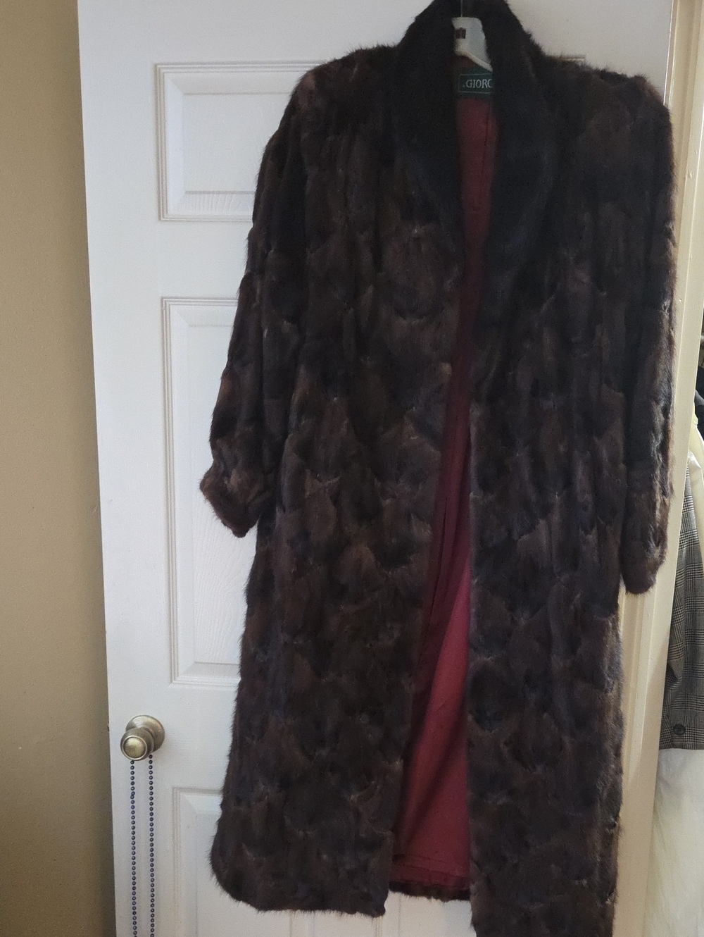 Classic Brown Long Fur Coat with Burgundy Lining